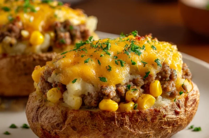 Delicious shepherd's pie baked potato topped with creamy mashed potatoes and savory filling.