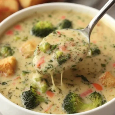 Delicious bowl of Smoked Gouda Broccoli Soup served with a sprinkle of herbs.