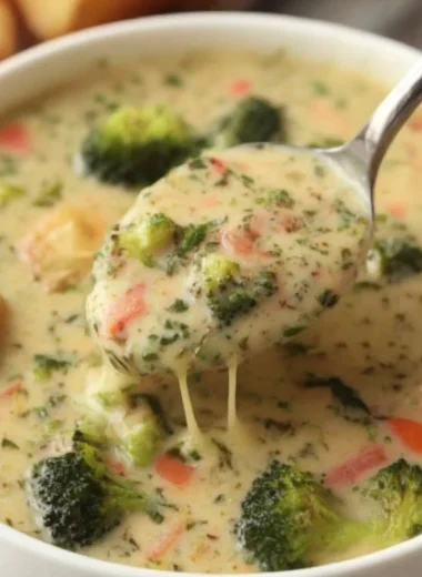 Delicious bowl of Smoked Gouda Broccoli Soup served with a sprinkle of herbs.