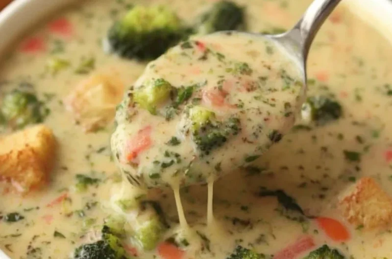 Delicious bowl of Smoked Gouda Broccoli Soup served with a sprinkle of herbs.