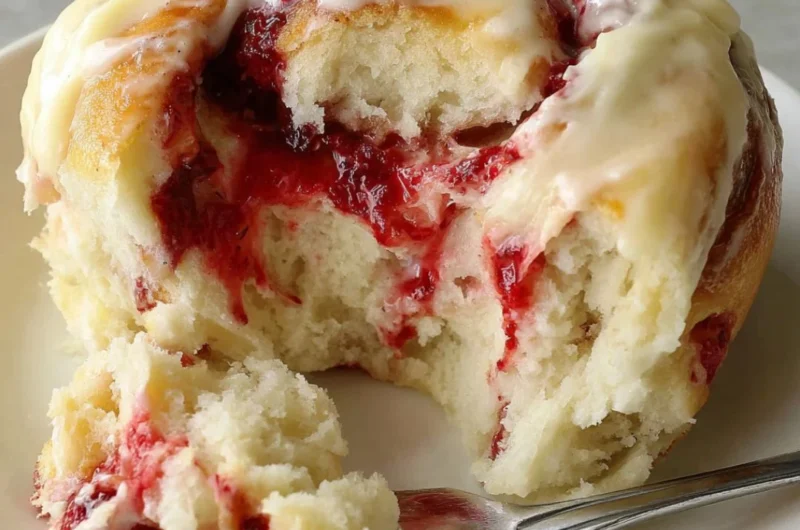 Freshly baked sourdough raspberry lemon rolls on a wooden table