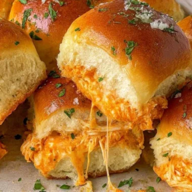 Delicious spicy Buffalo chicken sliders served on a platter.