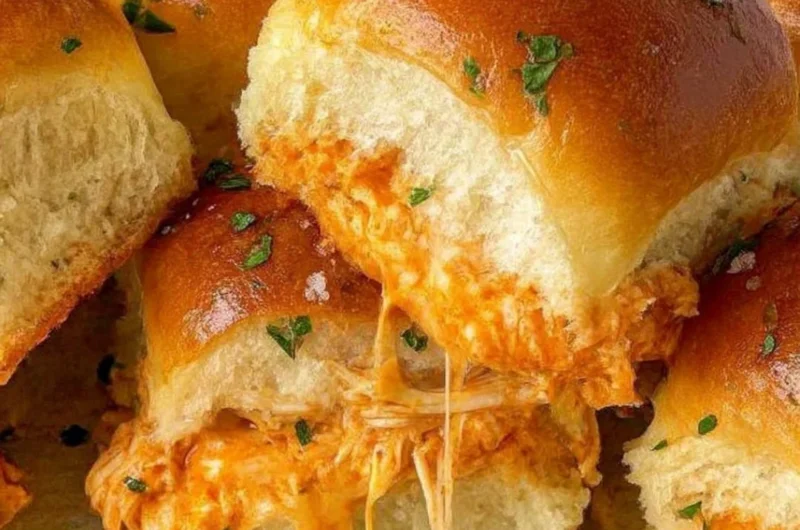 Delicious spicy Buffalo chicken sliders served on a platter.