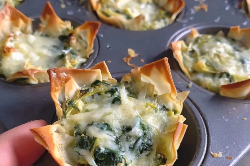 Baked spinach and artichoke wonton cups filled with creamy goodness