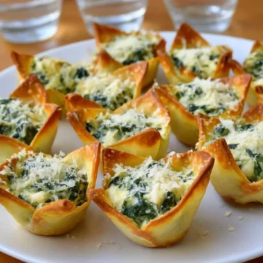 Spinach-artichoke dip served in crispy wonton cups for a delicious appetizer.