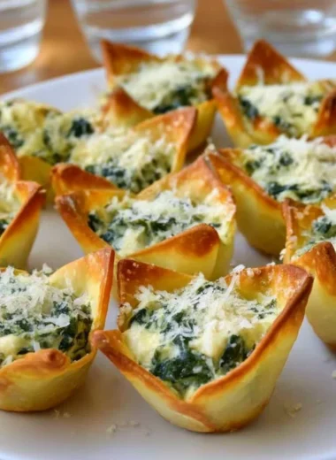 Spinach-artichoke dip served in crispy wonton cups for a delicious appetizer.