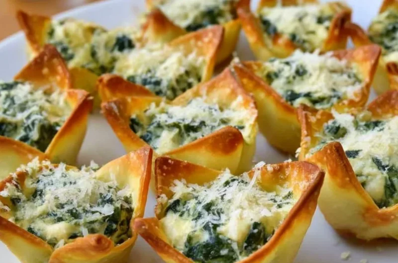 Spinach-artichoke dip served in crispy wonton cups for a delicious appetizer.