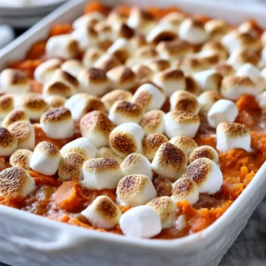 Delicious sweet potato casserole topped with crunchy marshmallows and pecans.