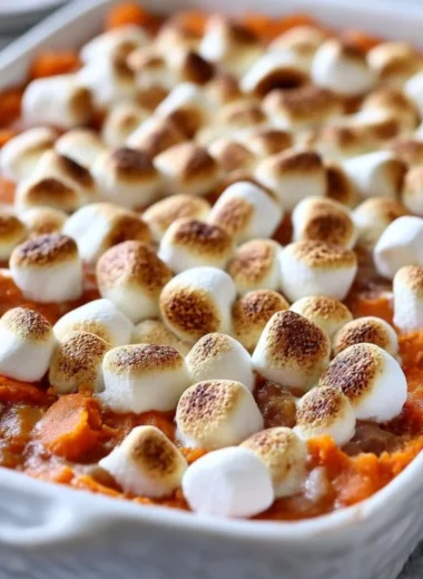 Delicious sweet potato casserole topped with crunchy marshmallows and pecans.