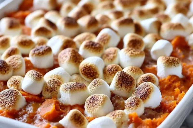 Delicious sweet potato casserole topped with crunchy marshmallows and pecans.