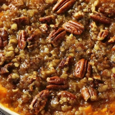 Delicious sweet potato casserole topped with marshmallows and pecans