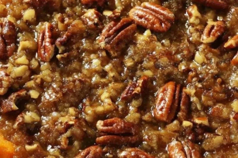 Delicious sweet potato casserole topped with marshmallows and pecans