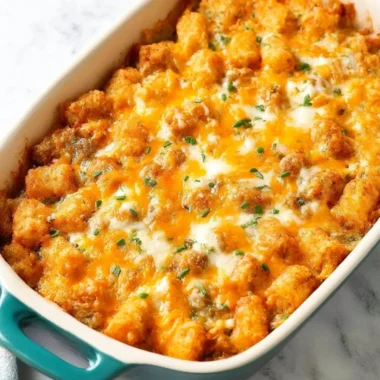 Tater Tot Breakfast Casserole with Sausage served in a baking dish