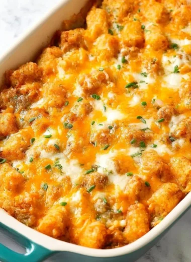 Tater Tot Breakfast Casserole with Sausage served in a baking dish