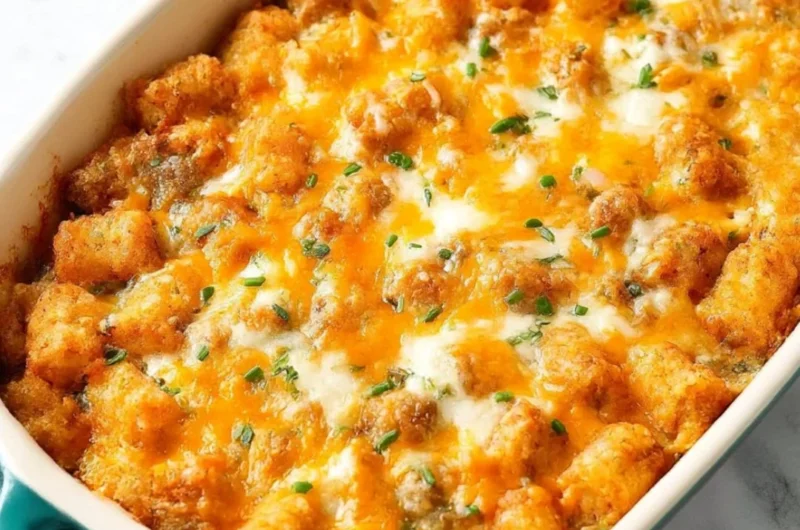 Tater Tot Breakfast Casserole with Sausage served in a baking dish