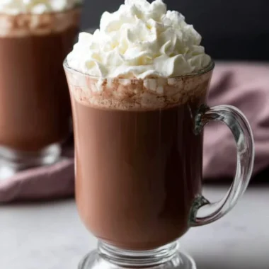 A rich cup of homemade hot chocolate topped with whipped cream and chocolate shavings