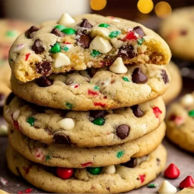 Winter Wonderland Chocolate Chip Cookies fresh out of the oven, sprinkled with festive toppings.
