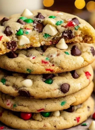 Winter Wonderland Chocolate Chip Cookies fresh out of the oven, sprinkled with festive toppings.
