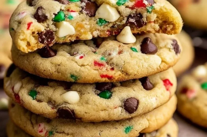 Winter Wonderland Chocolate Chip Cookies fresh out of the oven, sprinkled with festive toppings.