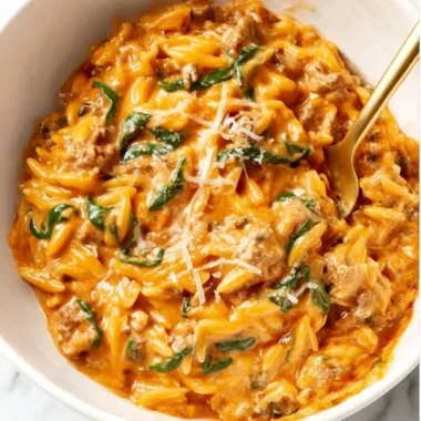 Delicious 30 Minute Ground Beef Orzo served in a bowl with fresh herbs