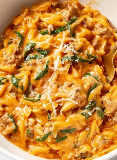 Delicious 30 Minute Ground Beef Orzo served in a bowl with fresh herbs