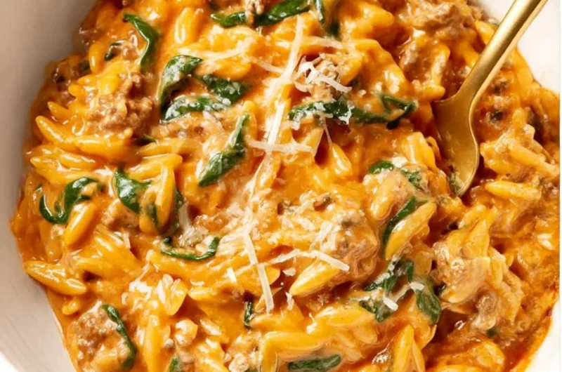 Delicious 30 Minute Ground Beef Orzo served in a bowl with fresh herbs