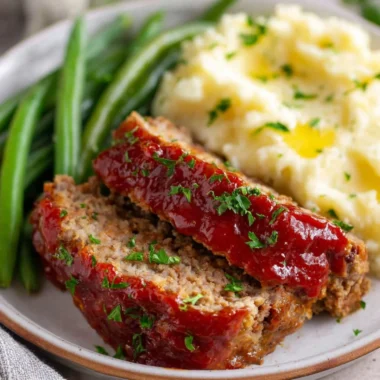 Cozy meatloaf recipe served with mashed potatoes and green beans.