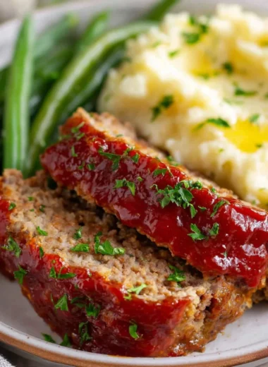 Cozy meatloaf recipe served with mashed potatoes and green beans.