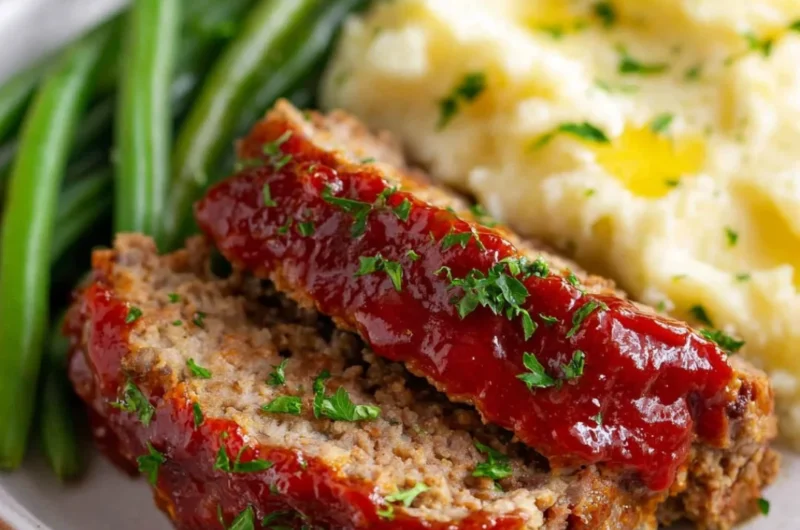 Cozy meatloaf recipe served with mashed potatoes and green beans.