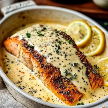 Baked Boursin Salmon garnished with herbs and lemon on a plate