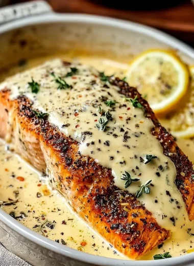 Baked Boursin Salmon garnished with herbs and lemon on a plate