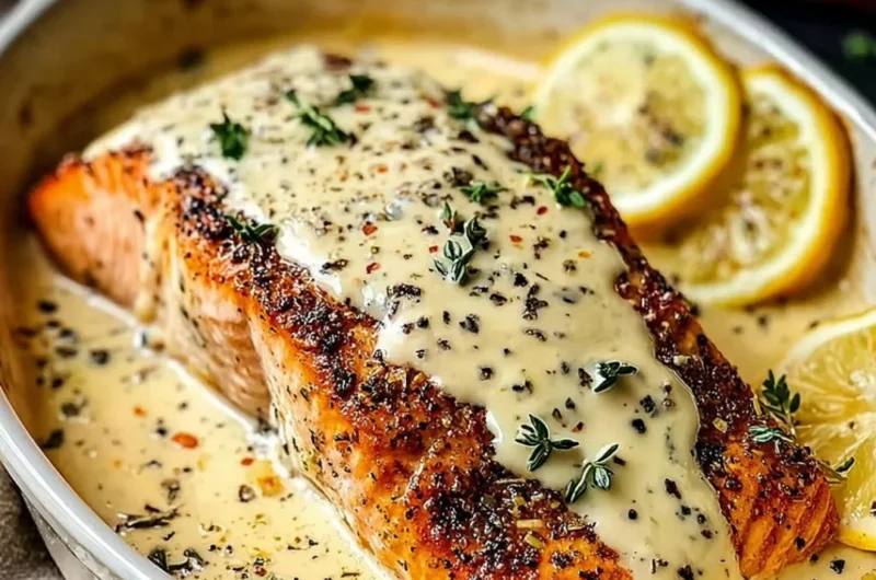 Baked Boursin Salmon garnished with herbs and lemon on a plate