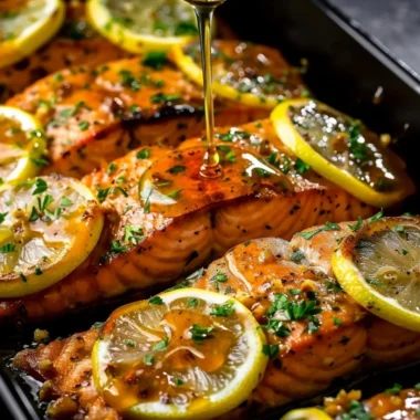 Baked salmon fillet glazed with honey garlic butter on a plate