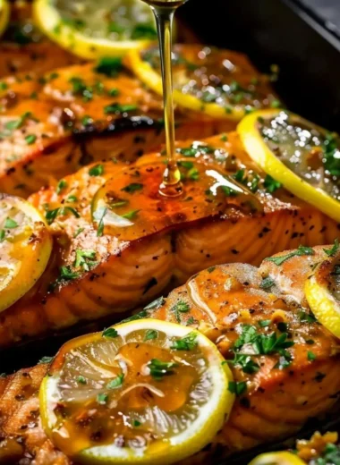 Baked salmon fillet glazed with honey garlic butter on a plate