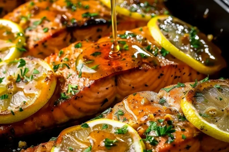 Baked salmon fillet glazed with honey garlic butter on a plate