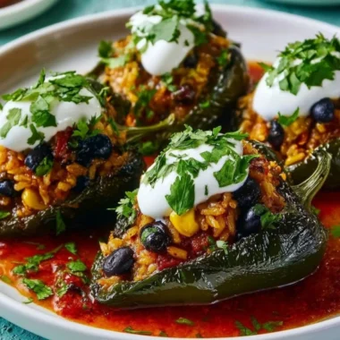 Colorful baked stuffed peppers filled with rice, meat, and herbs.