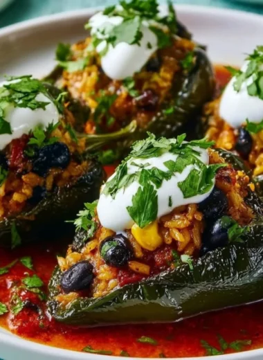 Colorful baked stuffed peppers filled with rice, meat, and herbs.