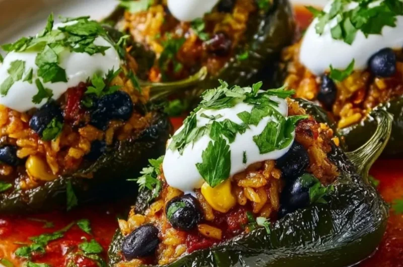 Colorful baked stuffed peppers filled with rice, meat, and herbs.