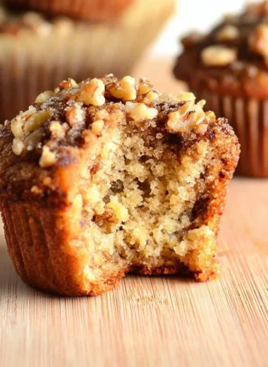Freshly baked banana nut muffins on a rustic wooden table