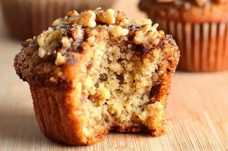 Freshly baked banana nut muffins on a rustic wooden table