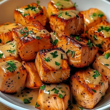 Bang Bang Salmon Bites served with a spicy sauce on a plate