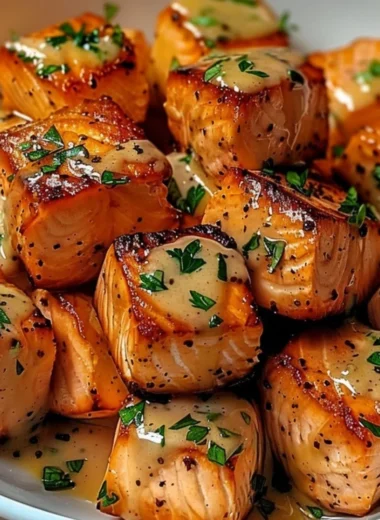 Bang Bang Salmon Bites served with a spicy sauce on a plate
