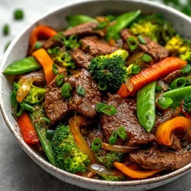 Beef stir fry with colorful vegetables served in a bowl