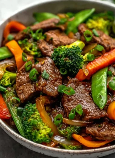 Beef stir fry with colorful vegetables served in a bowl