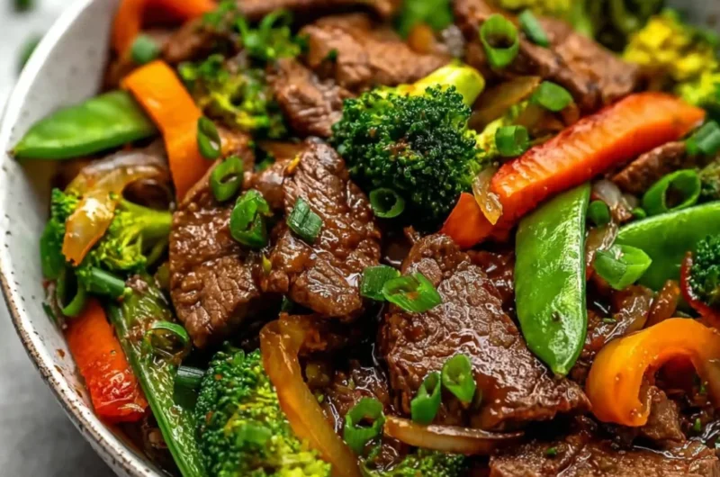 Beef stir fry with colorful vegetables served in a bowl