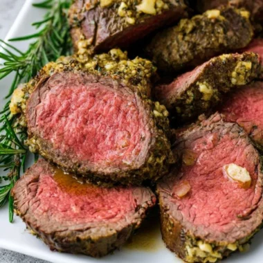 Juicy beef tenderloin cooked to perfection, garnished and ready to serve.