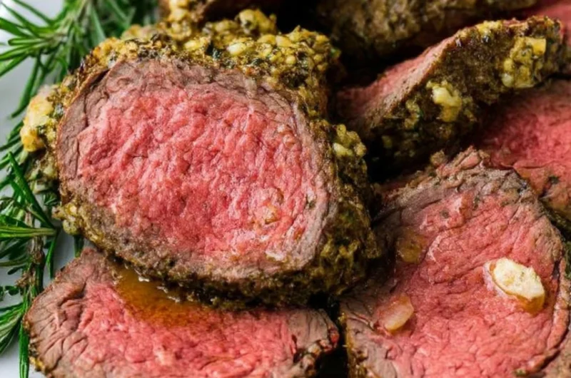 Juicy beef tenderloin cooked to perfection, garnished and ready to serve.