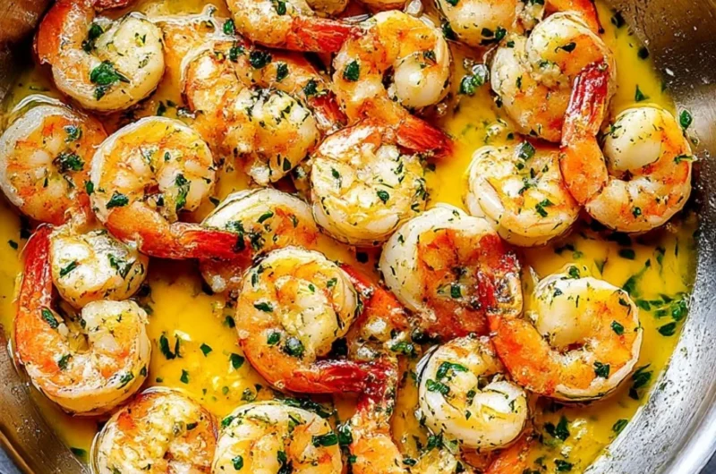 Delicious plate of shrimp scampi garnished with herbs and lemon.
