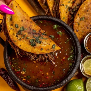 Delicious birria tacos served with consomé for dipping.