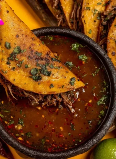 Delicious birria tacos served with consomé for dipping.